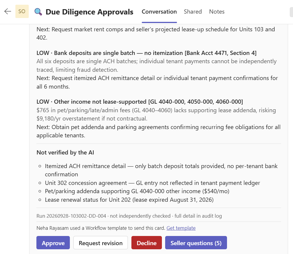 Due diligence approval card in Microsoft Teams with Approve, Request revision, Decline and Seller questions buttons